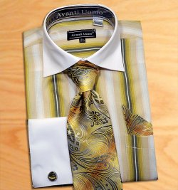 Avanti Uomo Olive / White Pinstripes Design Shirt / Tie / Hanky Set With Free Cufflinks DN59M.