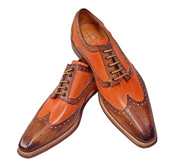Front of Jose Real "Florence" Coffee Brown and Burnt Orange Italian Hand Painted Wingtip Shoes With Contrast Perforation