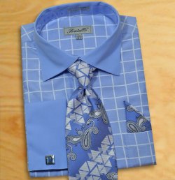 Fratello Sky Blue / White Windowpanes Shirt / Tie / Hanky Set With Free Cufflinks FRV4132P2