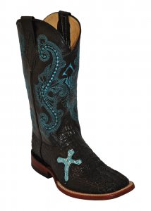 Ferrini Ladies 90393-25 Black / Blue Caiman Cross Crocodile Print Boots With Cross