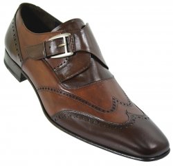 Mezlan "Otis" Brown/Tan Genuine Antique Italian Calfskin Wingtip Loafer Shoes With Monkstrap 15121