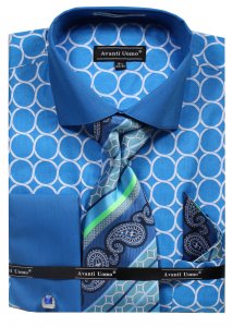 Avanti Uomo Turquoise Circle Pattern French Cuff 100% Cotton Shirt / Tie / Hanky Set With Free Cufflinks DN68M.