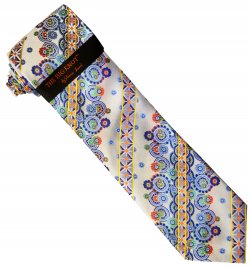 Steven Land "Big Knot" BWR635 Silver Grey Multicolor Artistic Design 100% Woven Silk Necktie / Hanky Set