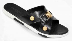 Fiesso Black / Gold PU Leather Open Toe Slide-In Sandals FI2320