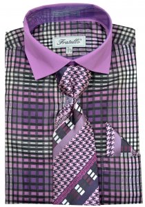 Daniel Ellissa Purple Combo / Black Cotton Dress Shirt / Tie / Hanky / Cufflink Set FRV4137P2