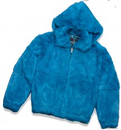 Winter Fur Kid's Ocean Blue Genuine Rex Rabbit Jacket with Fox Trimmed Hood K08R02.