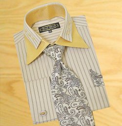 Daniel Ellissa Champagne / Brown Striped With Beige / Black Double Collar Shirt / Tie / Hanky Set With Free Cufflinks FS1118P2