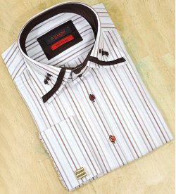 Axxess White / Brown / Butter Striped With Triple Layered Collar 100% Cotton Dress Shirt