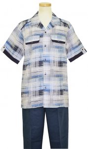 Steve Harvey White / Navy / Pistachio / Sky Blue Artistic Design 100% Linen 2 PC Outfit # 3863
