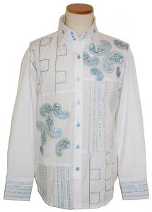 Manzini White/Denim Blue Paisley Design Embroidered Long Sleeves 100% Cotton Shirt MZ-62