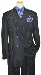 Extrema Black With Blue Dual Pinstripes Double Breasted Super 120's Wool Vested Suit HN20068