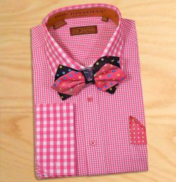 Don Jonathan Pink / White Checkers Design Spread Collar 100% Dress Shirt with Double Layer Bow Tie / Hanky Set BG1015