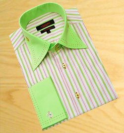Axxess White With Lime Green / Lavender / Cranberry Stripes With Cranberry Double Handpick Stitching 100% Cotton Dress Shirt 07-19
