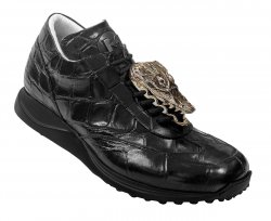 Mauri "Lusso" 8501/1 Black Genuine Alligator Nappa Leather Sneakers With Silver Alligator Head On Laces