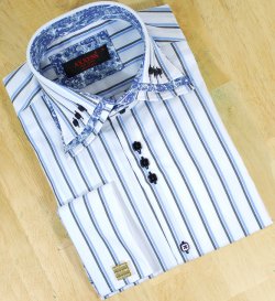Axxess White With Sky Blue / Black Stripes With Paisley Design / Tabbed Collar 100% Cotton Dress Shirt