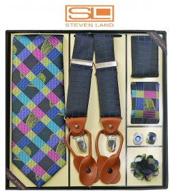 Steven Land G8 Black / Navy / Multi Color Windowpane / Plaid Silk Necktie / Suspender Gift Set