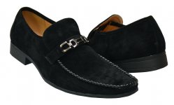 UV Signature Black Microsuede Genuine Leather Lined Loafer Shoes With Black Piping / Gunmetal Bracelet UV014