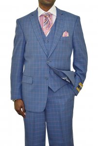 Bertolini Slate Blue With Violet / Red / Royal Blue Windowpanes Silk Wool & Silk Blend Vested Suit B79462-2