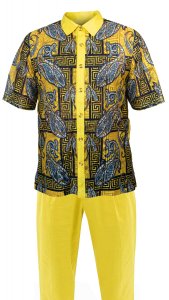 Prestige Yellow / Navy / White Hand Laced Irish Linen Short Sleeve Outfit LUX-193