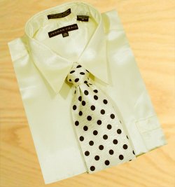 Daniel Ellissa Satin Cream Dress Shirt With Polka Dots /Tie/Hanky Set