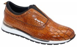 Duca Di Matiste "Imola" Cognac Genuine Calfskin Leather / Crocodile Print Slip On Sneakers.