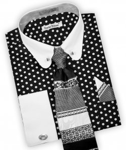 Daniel Ellissa Black / White Polka Dot Cotton Shirt / Tie / Hanky / Cufflinks / Collar Bar Set DS3791P2
