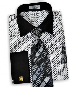 Daniel Ellissa Black / Grey / White Geometric Design Dress Shirt / Tie / Hanky / Cufflink Set DS3794P2