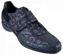 Los Altos Black Genuine Ostrich W/Fashion Design Casual Shoes With Velcro Strap ZC084905