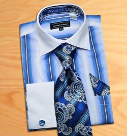 Avanti Uomo Blue / White Pinstripes Design Shirt / Tie / Hanky Set With Free Cufflinks DN59M