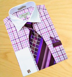 Fratello White With Violet / Purple / Lavender Plaid Design Dress Shirt / Tie / Hanky Set Free Cufflinks FRV4114P2