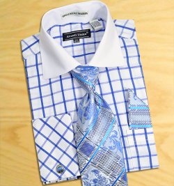 Avanti Uomo White / Royal Blue Windowpanes Design Shirt / Tie / Hanky Set With Free Cufflinks DN56M