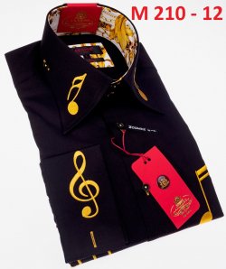 Axxess Black / Gold Music Note Embroidered Cotton Modern Fit Dress Shirt With French Cuff M210-12.