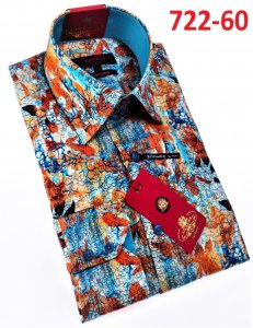 Axxess Aqua Blue / Orange Medusa Design Cotton Modern Fit Dress Shirt With Button Cuff 722-60.