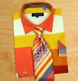 Avanti Uomo Orange / Mustard Gold / Cream / Rust Shirt / Tie / Hanky Set With Free Cufflinks DN67M