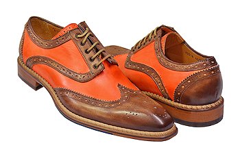 Jose Real "Florence" Coffee Brown and Burnt Orange Italian Hand Painted Wingtip Shoes With Contrast Perforation