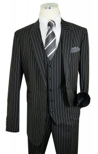 Extrema Black / Ivory Chalk Stripe Super 150's Wool Vested Wide Leg Suit 02465
