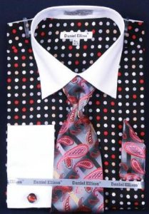 Daniel Ellissa Black Red Multi Polka Dot Shirt / Tie / Hanky Set With Free Cufflinks DS3769P2