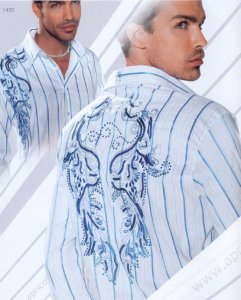 Apricottree White W/ Silver Lurex/Powder Blue Pinstripes And Embroidered Design With Royal Blue Swarovski Crystals And Sequins Long Sleeves Cotton Shirt AT1432
