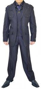 Giovanni Testi Navy Blue Embroider Stripes Safari Slim Fit Suit With Shoulder Epaulet s and Zipper 3064