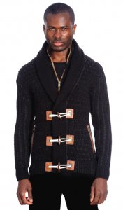 LCR Black / Smoke Modern Fit Wool Blend Sherpa Shawl Collar Cardigan Sweater 6242