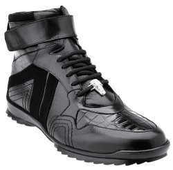 Belvedere "Rino" Black Genuine Crocodile / Suede / Soft Calf Casual Sneakers 96002.