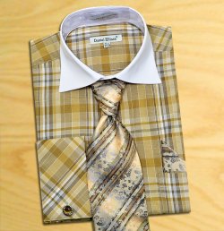 Daniel Ellissa Tan / Olive / White Check Design Shirt / Tie / Hanky Set With Free Cufflinks DS3772P2