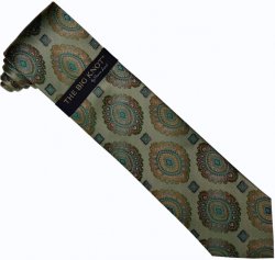 Steven Land Collection "Big Knot" SL145 Emerald Green / Brown / Cream Pinstrip Artistic Design 100% Woven Silk Necktie/Hanky Set