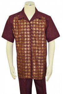 Pronti Burgundy / Metallic Gold Abstract Design Short Sleeve Outfit SP6311