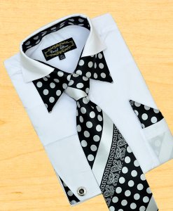 Daniel Ellissa White / Black Polka Dots Double Collar Shirt / Tie / Hanky Set With Free Cufflinks FS1112P2