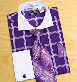 Avanti Uomo Purple / White Windowpanes Design Shirt / Tie / Hanky Set With Free Cufflinks DN54M