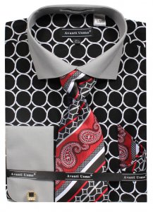 Avanti Uomo Black Circle Pattern French Cuff 100% Cotton Shirt / Tie / Hanky Set With Free Cufflinks DN68M.