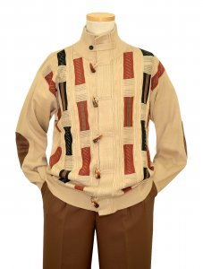 Silversilk Beige / Rust / Brown Knitted Rayon Blend Zip-Up Rectangular Design Sweater Jacket With Brown Microsuede Elbow Patches And Pointed Buttons 6950