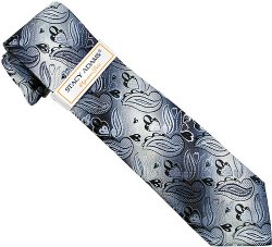 Stacy Adams Collection SA039 Charcoal Grey / Silver Grey Leaf Design 100% Woven Silk Necktie/Hanky Set
