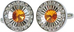 Fratello Silver Plated Round Cufflink Set With Amber / Clear Rhinestones 265123